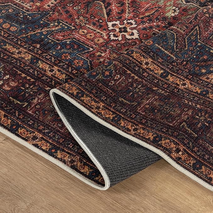 Bloom Rugs Washable Non-Slip 4' x 6' Rug - Red/Teal Blue/Yellow Traditional Medallion Area Rug for Living Room, Bedroom, Dining Room, and Kitchen - Exact Size: 4' x 6'