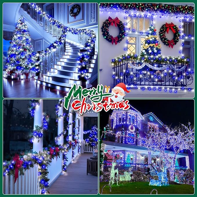 Heceltt Christmas Lights Outdoor, 522FT 1300 LED String Lights with 8 Lighting Modes, Timer Memory Twinkle Fairy Lights Waterproof Plug in for Xmas Tree Wedding Party Holiday Decor(Blue and White)