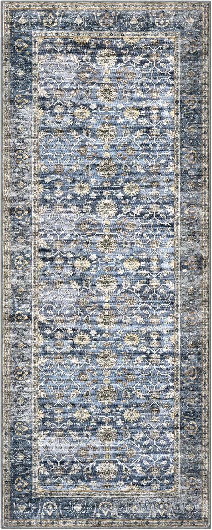 KUTA Runners for Hallways 2x5 ft, Vintage Floral Rug Non-Slip Washable Kitchen Rugs Blue Grey Beige Ultra Thin Soft Printed Distressed Flower Carpet Entryway Rugs for Bedroom Laundry Nursery
