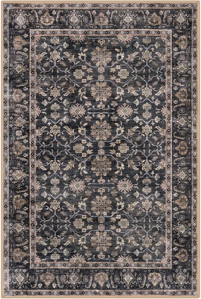 KUTA Vintage Floral Entryway Rug 2x3, Kitchen Rugs Non-Slip Washable Throw Rug, Brown Ultra Thin Soft Print Front Door Mat Indoor Doormat for Entrance, Bedside, or Small Spaces