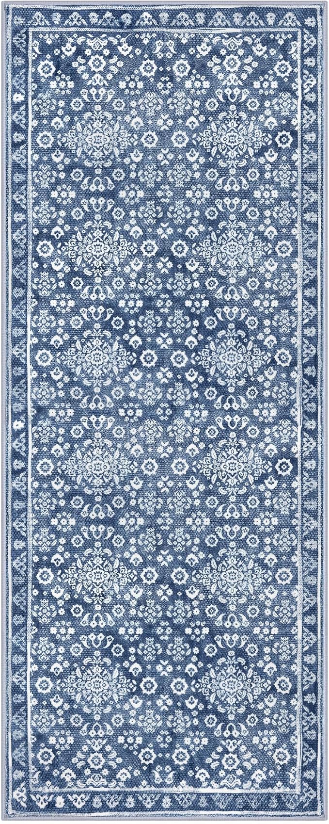 Vintage Washable 2x5 Rug Runner, Denim Blue White Runners for hallways, Super Soft Kitchen Runner Rug Non Slip, Printed Faux Wool Floral Thin Carpet Runner for Entryway Laundry Room Bedroom