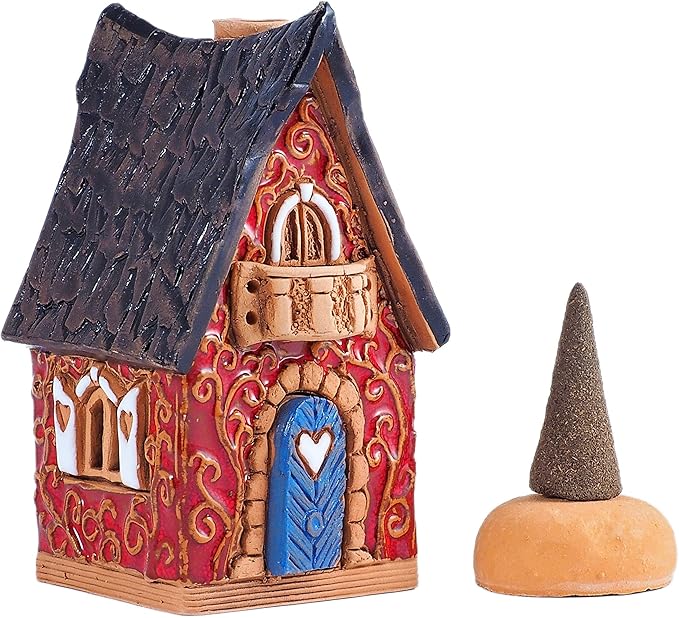 Ceramic Christmas Village Houses Collection - Collectible Miniature Red House - Cone Incense Holder R502