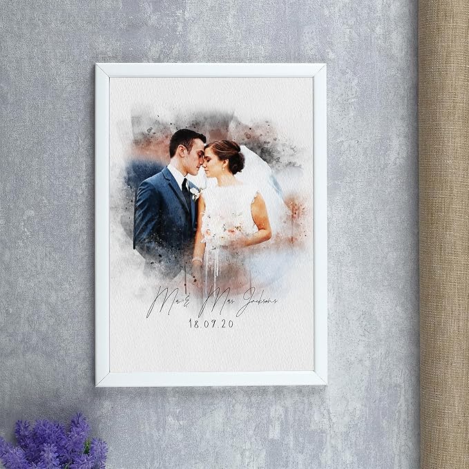 Watercolor Couple Portrait from Photo, Boyfriend Gifts, Girlfriend Gifts, Custom Wedding Anniversary for Wife Husband, Engagement Gift, Painting Picture Frame Canvas Wall Art, Valentines Day