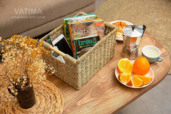 Small Wicker Baskets for Organizing Bathroom, Seagrass Baskets for Storage, Wicker Storage Basket with Wooden Handle, Decorative Small Organizing Basket 10.3 x 7.7 x 6.3 inches - 3 Pack