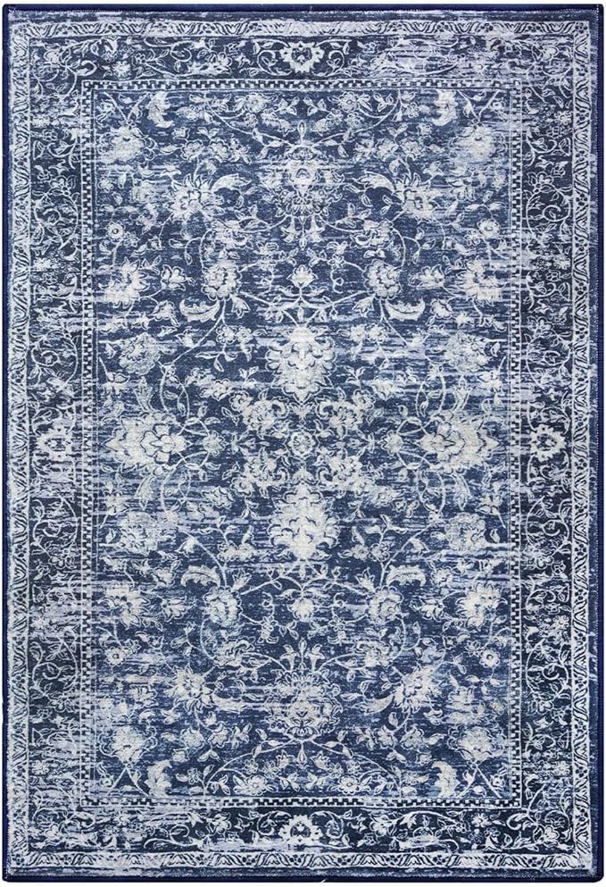 KILOCOCO Area Rug 3x5 Washable Entryway Rug Printed Vintage Floral Rubber Backed Non Slip Indoor Blue Kitchen Rugs for Living Room Laundry Room Playroom Mudroom Moroccan Area Rugs