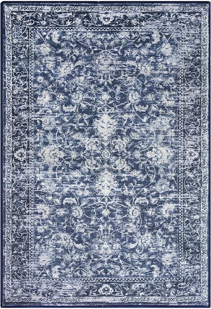 KILOCOCO Area Rug 4x6 Entryway Rug Washable Printed Vintage Floral Rubber Backed Non Slip Indoor Kitchen Rugs for Laundry Room Playroom Bedroom Living Room Moroccan Area Rugs, Navy Blue