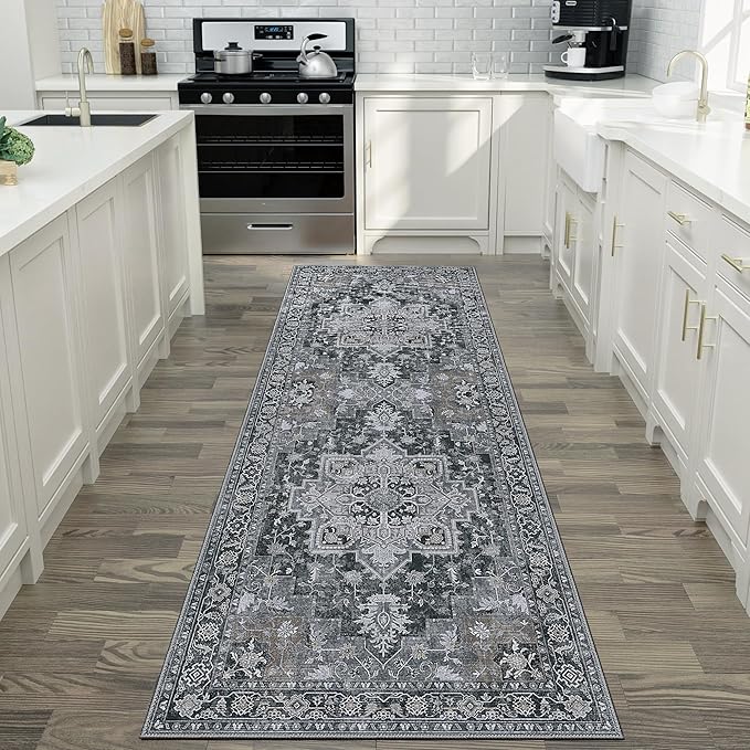 GENIMO 2x12 Runner Rugs for Hallway, Machine Washable Non Slip Vintage Rugs, Low Pile Lightweight Soft Print Rug for enrtyway, Corridor, Home Office, Kitchen,Dark Gray