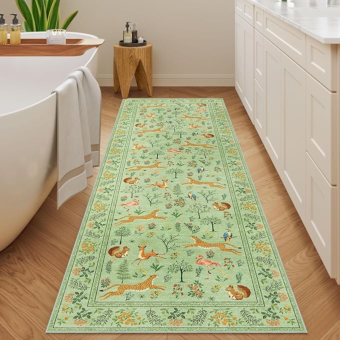 DUKINO 2.6x8 Rug for Hallway, Washable Kitchen Runner Rug with Non Slip Backing, Soft Low Pile Vintage Animal Runner for Bedroom, Kitchen, Hallway, Entryway, Laundry, Light Green
