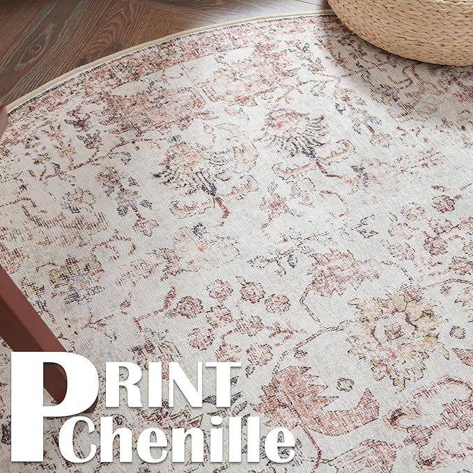 jinchan Kalen Round Rug 4ft Area Rug Washable Vintage Indoor Retro Accent Entryway Floor Cover Distressed Floral 4' Round Circle Boho Non Slip Thin Carpet for Bedroom Living Room Dining Room Red