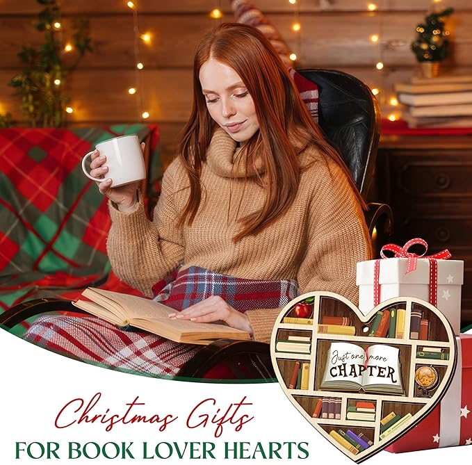 GEEMBI Christmas Book Lovers Gifts for Readers Women - Just One More Chapter Wooden Christmas Ornaments 2025 for Tree Decorations - Bookish Reading Gifts for Women, Friend Gift for Book Lover