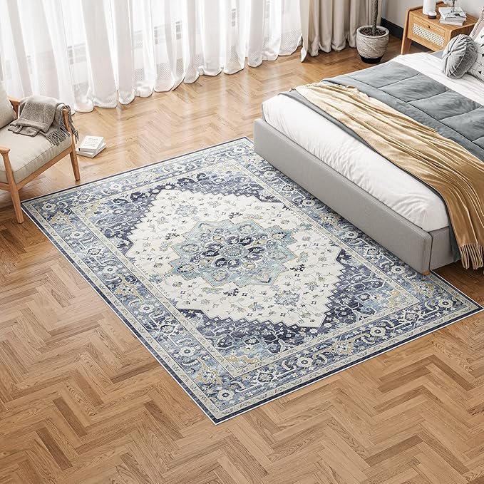 Dripex Washable Area Rug 6x9 Living Room Rug Stain & Water Resistant Foldable Thin Vintage Rugs Faux Wool Floor Carpet for Bedroom Dining Room Kitchen Bathroom Farmhouse Office