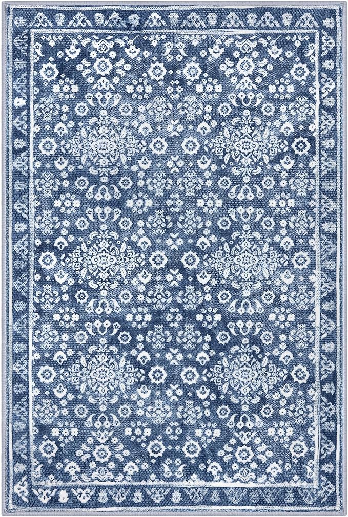 Vintage 3x5 Washable Rug for Entryway, Super Soft Denim Blue White Entryway Rug with Non-Slip, Printed Faux Wool Floral3x5 Area Rug Thin Floor Carpet for Kitchen, Bedroom, Living Room