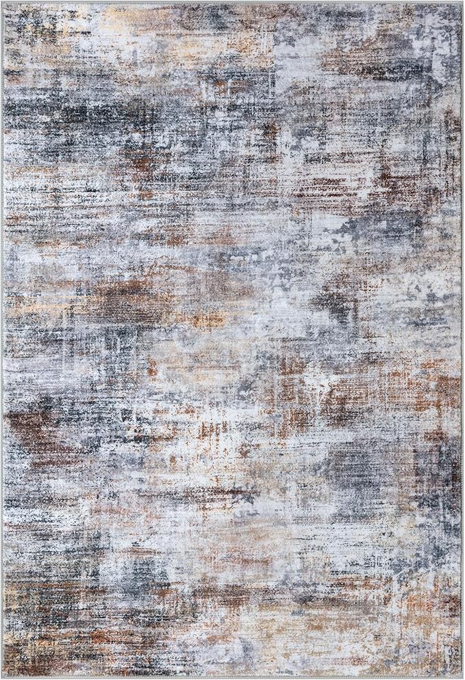IOHOUZE Abstract Area Rugs 8x10 Ft Washable Large Rugs for Living Room, Non Slip Dining Room Rug, Printed Faux Wool Rugs for Bedroom, Floor Carpet for Office Nursery Playroom, Orange Grey