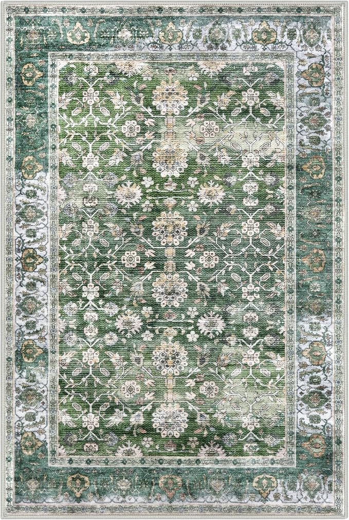 KUTA 3x5 Rugs for Entryway, Vintage Floral Area Rug Washable Non-Slip Green Ultra Thin Soft Printed Distressed Entry Low-Pile Throw Carpet for Bedroom Nursery Living Room