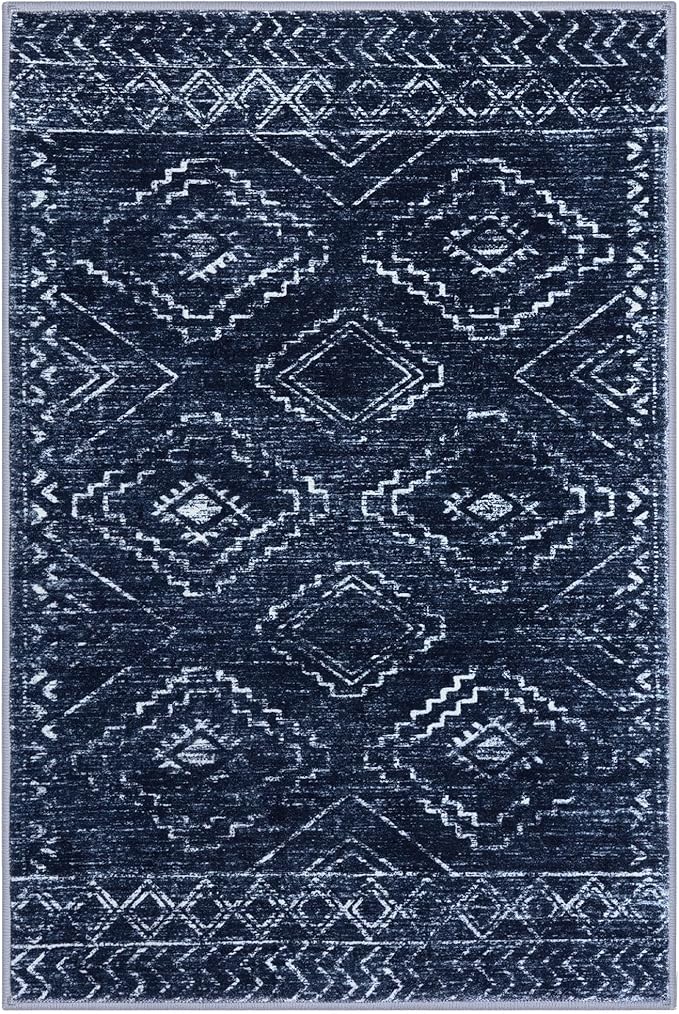 KILOCOCO Area Rug 4'x6' Entryway Rug Washable Bedroom Rugs Non Slip Printed Boho Low-Pile Rubber Backed Blue Soft Rugs for Kitchen Living Room Dining Geometric Moroccan Carpet, Dark Blue