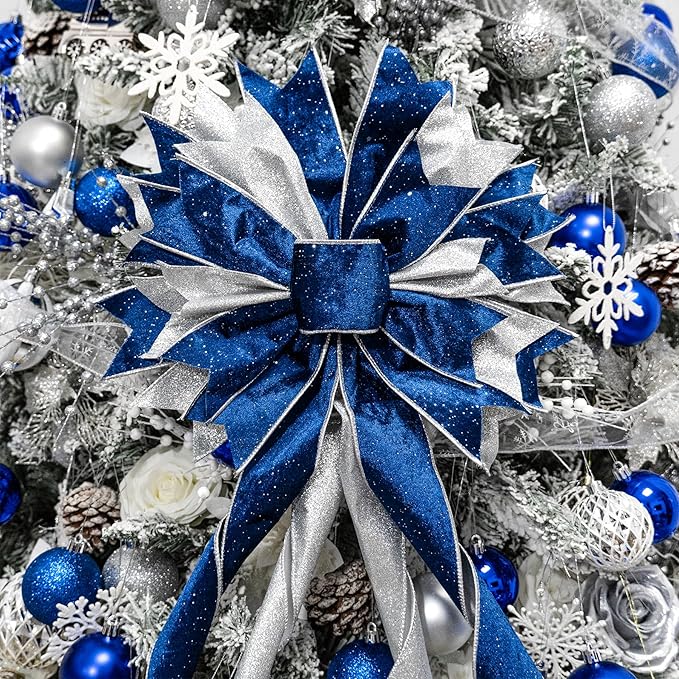 Christmas Tree Topper Bow, 53x13 Inches Large Christmas Bow with Glitter Streamer, Decorative Ribbon Bows for Xmas Tree Wreath Door Festival Home Decor(Blue & Silver)