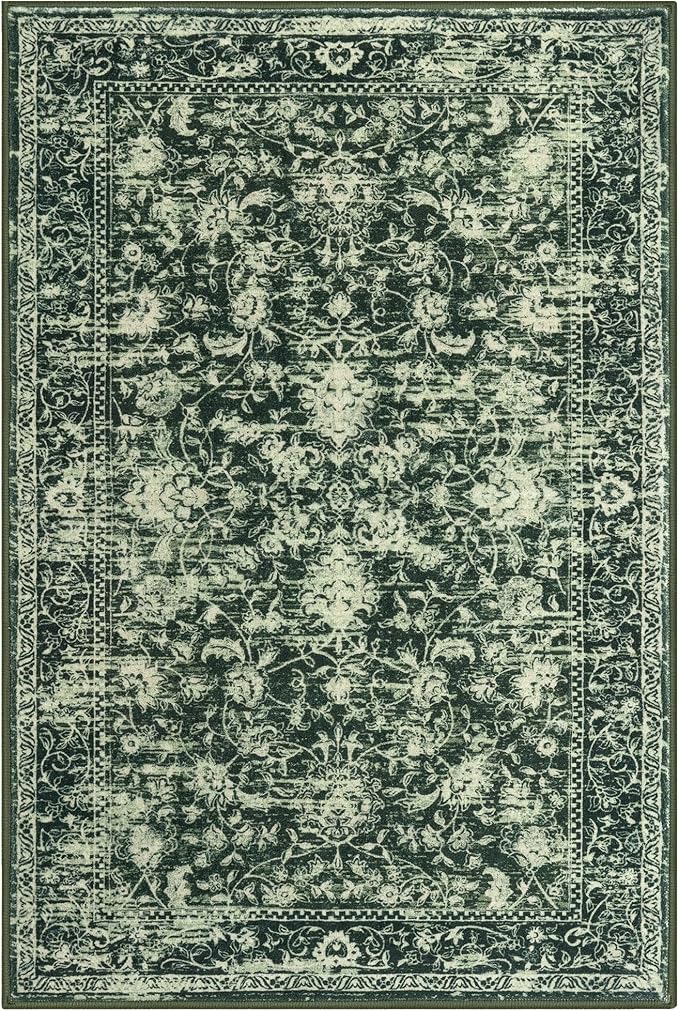 KILOCOCO Area Rug 3x5 Entryway Rug Washable Printed Vintage Floral Rubber Backed Non Slip Indoor Kitchen Rugs for Living Room Laundry Room Playroom Mudroom Moroccan Area Rugs, Green