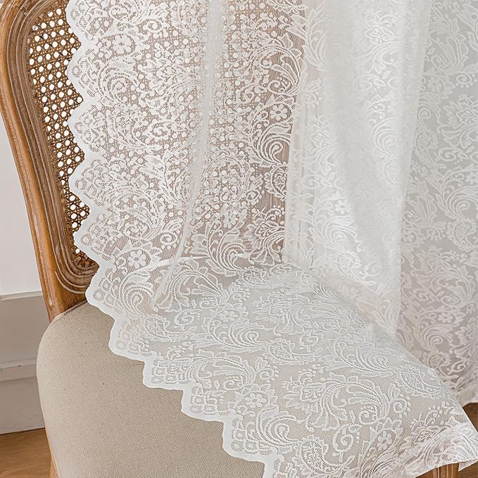 White Lace Sheer Curtains – Vintage Floral Lace for Bedroom/Kitchen, Victorian Privacy Light Filtering Rod Pocket Drapes, Delicate Chic Window Treatments Scalloped Hem, 52W x 54L Inch, 2-Panel