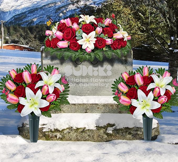 Artificial Cemetery Flowers – Realistic Silk Flower Outdoor Grave Decorations,Headstone Flower Saddle, Non-Bleed Colors, and Easy Fit - Pink Tulip,White Lily and Red Rose