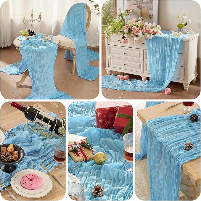 6 Pack Cheesecloth Table Runner 120 Inch Boho Rustic Gauze 10 FT Light Blue Cheese Cloths Table Runners Decorations for Spring Summer Birthday Party Baby Shower Wedding Holiday Home Decor