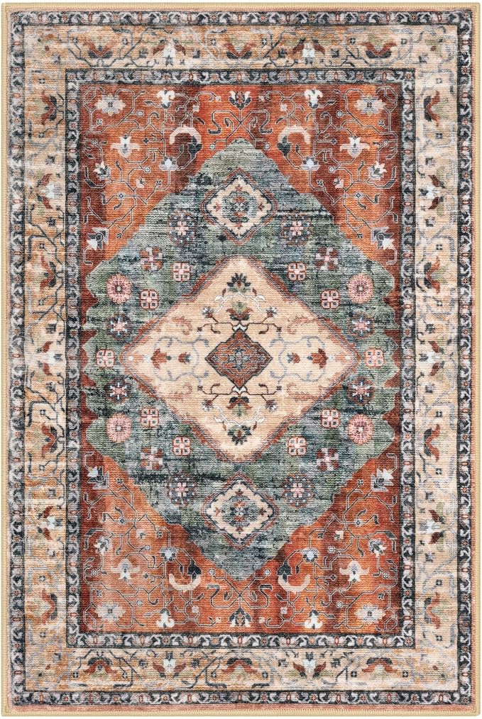 KOZYFLY Boho Area Rug 3x5 Ft Rugs for Entryway Washable Entry Rug Non Slip Door Mat Indoor Entrance Rust/Orange/Blue Printed Faux Wool Vintage Kitchen Rug Throw Rugs for Entrance Kitchen Living Room