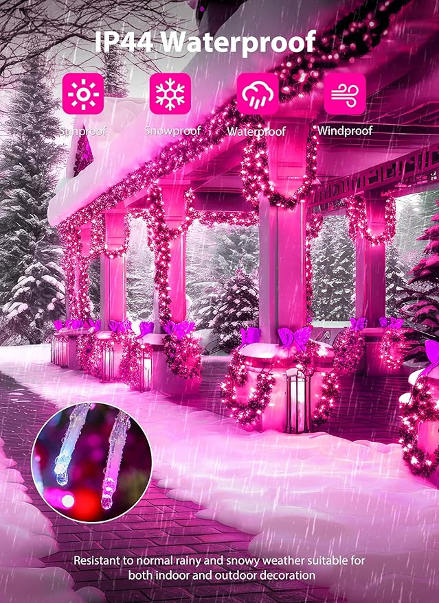 Minetom Christmas Lights Outdoor Cluster Lights - 200 LED 10 Ft Christmas Firecrackers String Light, 12 Modes Timer Waterproof Connetable Plug in Twinkle Fairy Light for Xmas Tree Party, Pink&White