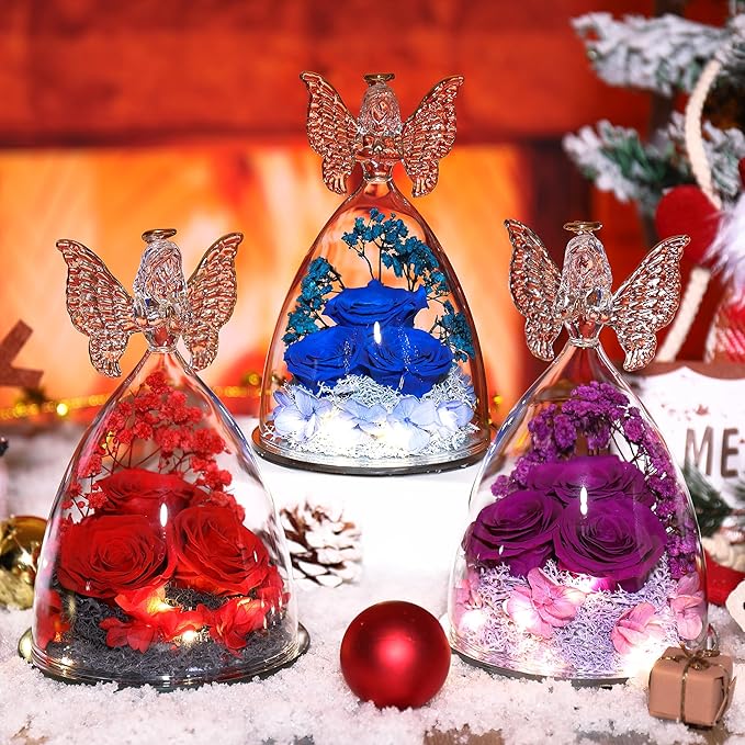 Christmas Rose Gifts for Women Preserved Real Flower in Glass Angel Figurines Roses for Delivery Prime Birthday Gifts for Mom Grandma Girlfriend Wife Her, Full Purple