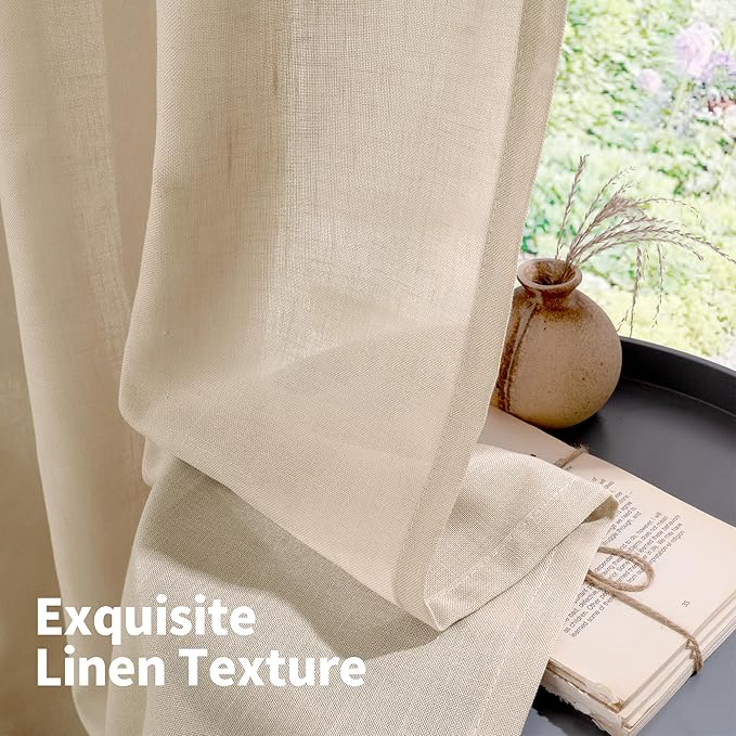 YoungsTex Light Tan Linen Curtains 90 Inch Long 2 Panels for Living Room, Grommet Light Filtering Drapes Burlap Textured Lightweight for Bedroom Dining Room Floor Length, 2 Panels, 52 X 90 Inch