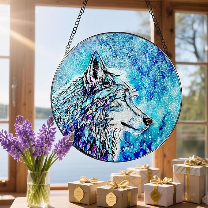 Stained Glass Window Hanging, Stained Glass Suncatcher, Wolf Sun Catcher, Window Hanging Decor, Wolf Lover Gift, Gifts for Fathers Day or Mathers Day, Christmas or Birthday Gift, Gifts for Women Men