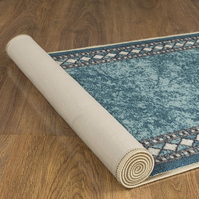 Antep Rugs Alfombras Modern Bordered 2x10 Non-Skid (Non-Slip) Low Profile Pile Rubber Backing Indoor Area Runner Rugs (Blue, 2' x 10')