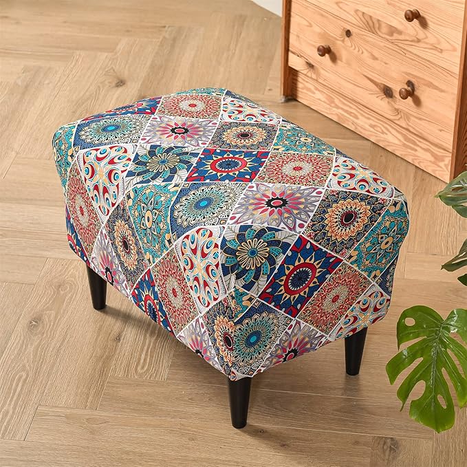 KRFOONN Ottoman Slipcovers Stretch Rectangle Footrest Stool Covers Printed Ottoman Cover for Foot Stool Furniture Protector with Non Slip Elastic Bottom(12, Large)
