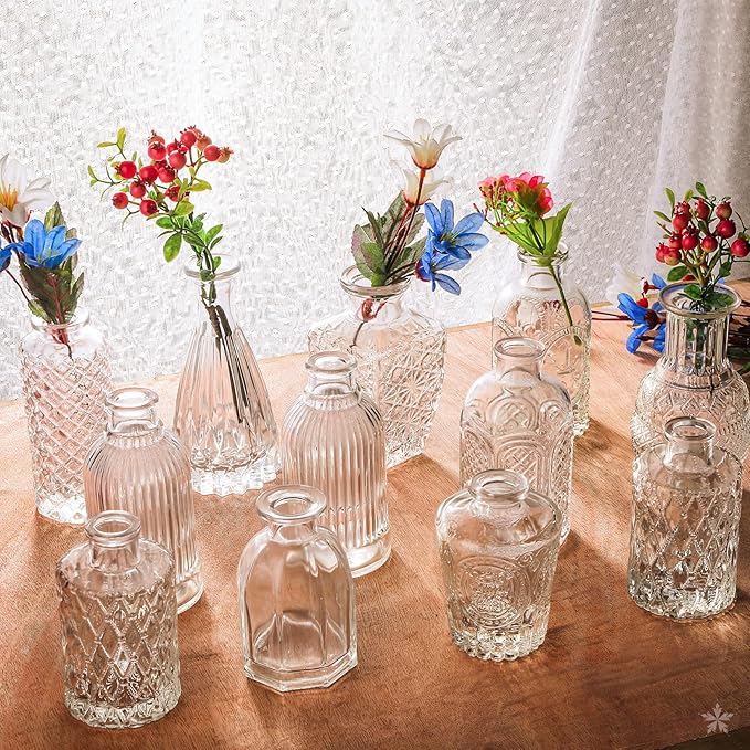 Glass Vase Bud Vase in Bulk Set of 12,Small Vintage Flower Bottle Petite Glass Flower Vase for Floral Arrangements, Decorative Centerpiece,Table Decor,Home Wedding Party