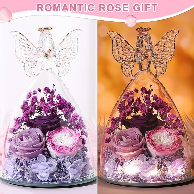 Christmas Rose Gifts for Women Preserved Real Flower in Glass Angel Figurines Roses for Delivery Prime Birthday Gifts for Mom Grandma Girlfriend Wife Her, Colorful Purple