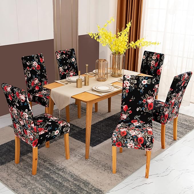 Sufdari Dining Chair Covers,Kitchen Chair Cover,Parsons Chair Slipcover,Spandex Chair Protectors for Dining Room Stretch Chairs Cover Set of 6 -Black Rose