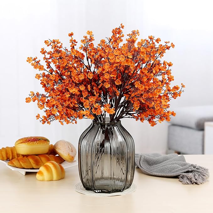 JAKY-Global Babys Breath Orange Silk Artificial Flowers 12 Bundle European Fake Silk Plants Decor Wedding Party Decoration Bouquets Real Touch DIY Home Garden (Orange 12pcs)