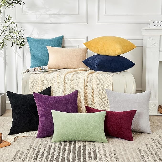 GAWAMAY Decorative Chenille Throw Pillow Covers 24x24 Inch Pack of 2, Soft Square Couch Pillow Cover for Sofa Cushion Living Room Bedroom Solid Dyed Pillowcases Black 60x60cm (ONLY Covers)