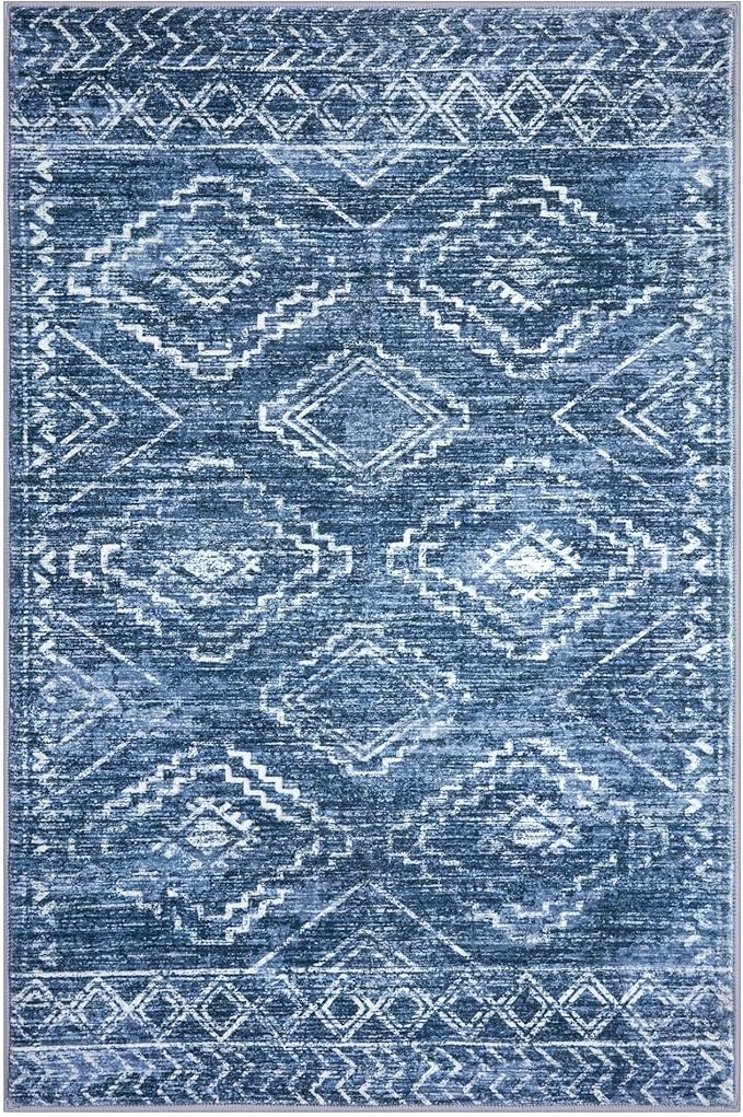 KILOCOCO Entryway Rug 2x3 Small Washable Rug Door Mat Indoor Soft Non Slip Printed Blue Kitchen Rugs for Bedroom Entry Front Door Geometric Boho Throw Rugs, Stonewashed Blue