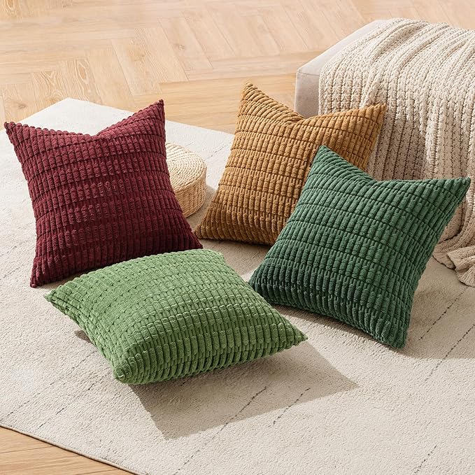 MIULEE Soft Corduroy Throw Pillow Covers Set of 4 Christmas Green 18x18 Inch Modern Farmhouse Boho Decorative Accent Cushion Covers for Couch Sofa Bedroom
