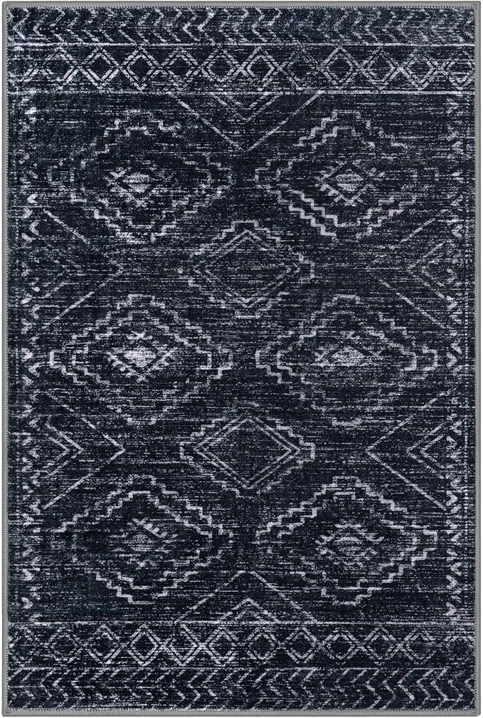 KILOCOCO Boho Entryway Rug 3x5 Area Rug Washable Non Slip Throw Rugs Soft for Kitchen Living Room Dining Bedroom Geometric Moroccan Carpet, Black/Navy