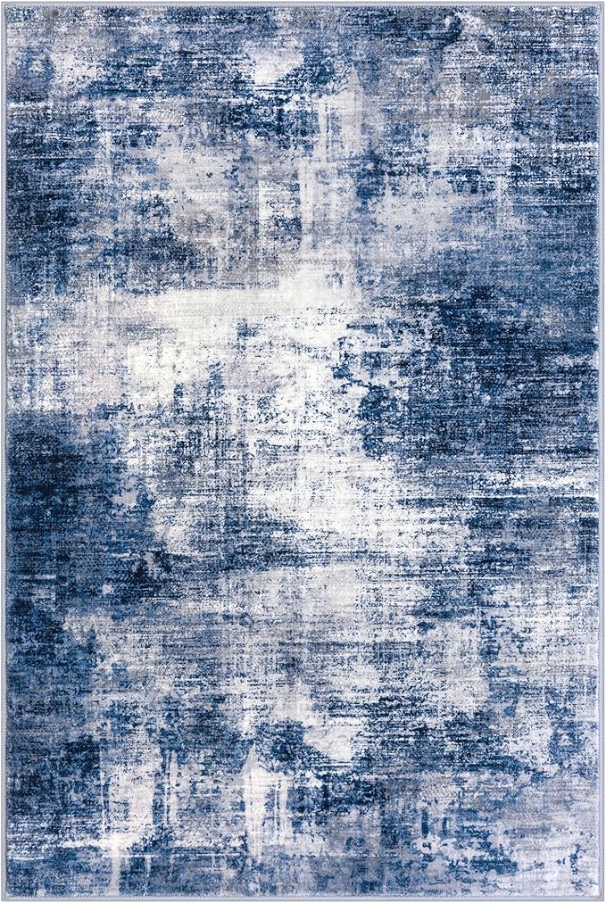 IOHOUZE Abstract Area Rugs 6x9 Ft Washable Rugs for Living Room, Non Slip Dining Room Rug, Printed Faux Wool Rugs for Bedroom, Floor Carpet for Office Nursery Playroom, Navy/Grey
