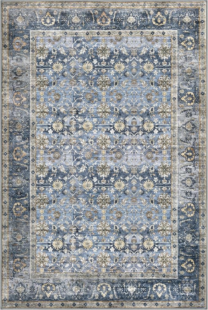 KUTA Vintage Area Rug 4x6 Washable Rug Blue Grey Beige Traditional Floor Cover Foldable Ultra Thin Soft Retro Accent Indoor Distressed Non Slip Carpet Floral Print Mat Bedroom Living Room Dorm Office