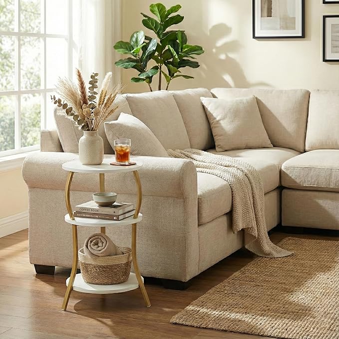 Small Round Side Table with Charging Station, 3-Tier Waist Circular End Table with Storage Shelf, Compact Tea Sofa Side Table Small Spaces, Round Corner Coffee Table for Living Room Bedroon,White+Gold