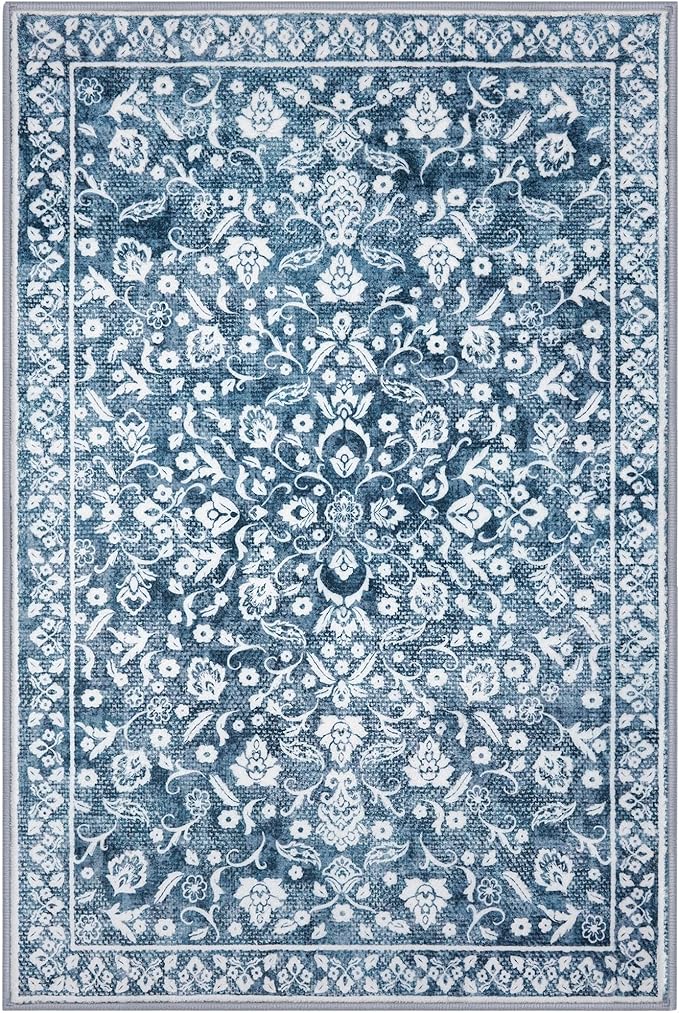 Vintage 8x10 Area Rugs, Blue and White Washable Living Room Rug Non-Slip Thin Large Area Rug Printed Faux Wool Floor Super Soft Carpet Throw Rugs for Bedroom Dining Room Playroom Office