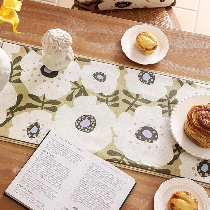 Rectangle White Flower Table Runner 71 Inches Long,Vintage Rustic Farmhouse Linen Floral Table Runners,Fall Decorations for Home Thanksgiving Christmas Party.12*71" -Hidaka