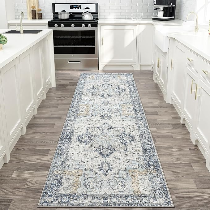 GENIMO Runner Rug 2x6, Machine Washable Runners, Non Slip Vintage Hallway Runner Rugs, Low Pile Lightweight Mat for Entryway, Hallway, Kitchen and Corridor, Blue
