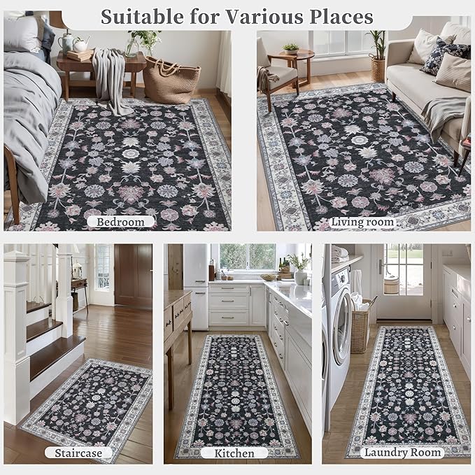 Tangsoo Floral Area Rug 4x6 Machine Washable Rug Non-Slip Vintage Distressed Boho Print, Low Pile Carpet for Living Room, Bedroom, Dining Room, Pet & Child Friendly (Room Decor)