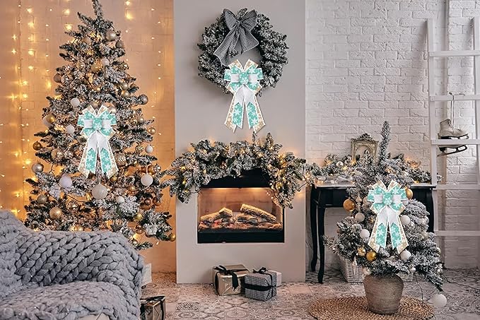 Hying Large Christmas Bows for Wreath, Christmas Wreath Bow Blue Natural Burlap Bow Xmas Snowflake Tree Bows Ornaments for Front Door New Year Christmas Party Decoration Supplies