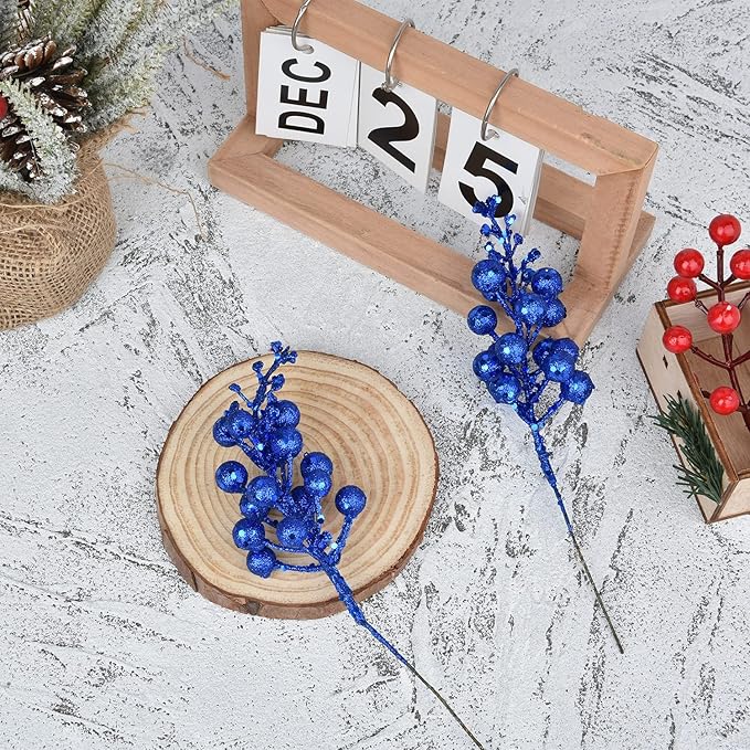 DearHouse 14 Pack Christmas Glitter Berries Stems, 7.8Inch Artificial Christmas Picks for Christmas Tree Ornaments, DIY Xmas Wreath, Crafts, Holiday and Home Decor (Dark Blue)