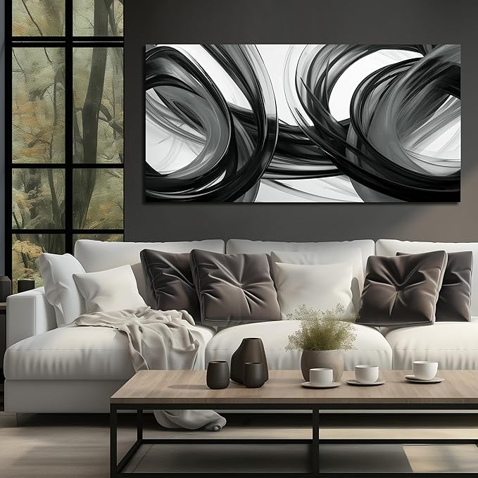 Large Abstract Canvas Wall Art for Living Room Black White and Gray Wall Decor for Bedroom Minimalist Wall Decoration Ready to Hang 29 x 58 Inch