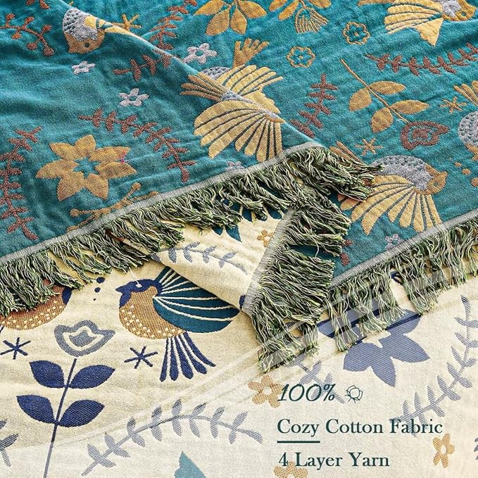 Boho Throw Blanket, 100% Cotton Ultra Soft Luxury Fall Throw Rustic Quilt, 50"x60" Floral Printed Farmhouse Decor Bed Summer Blankets, All Season Rustic Reversible Bohemian Throw for Bed